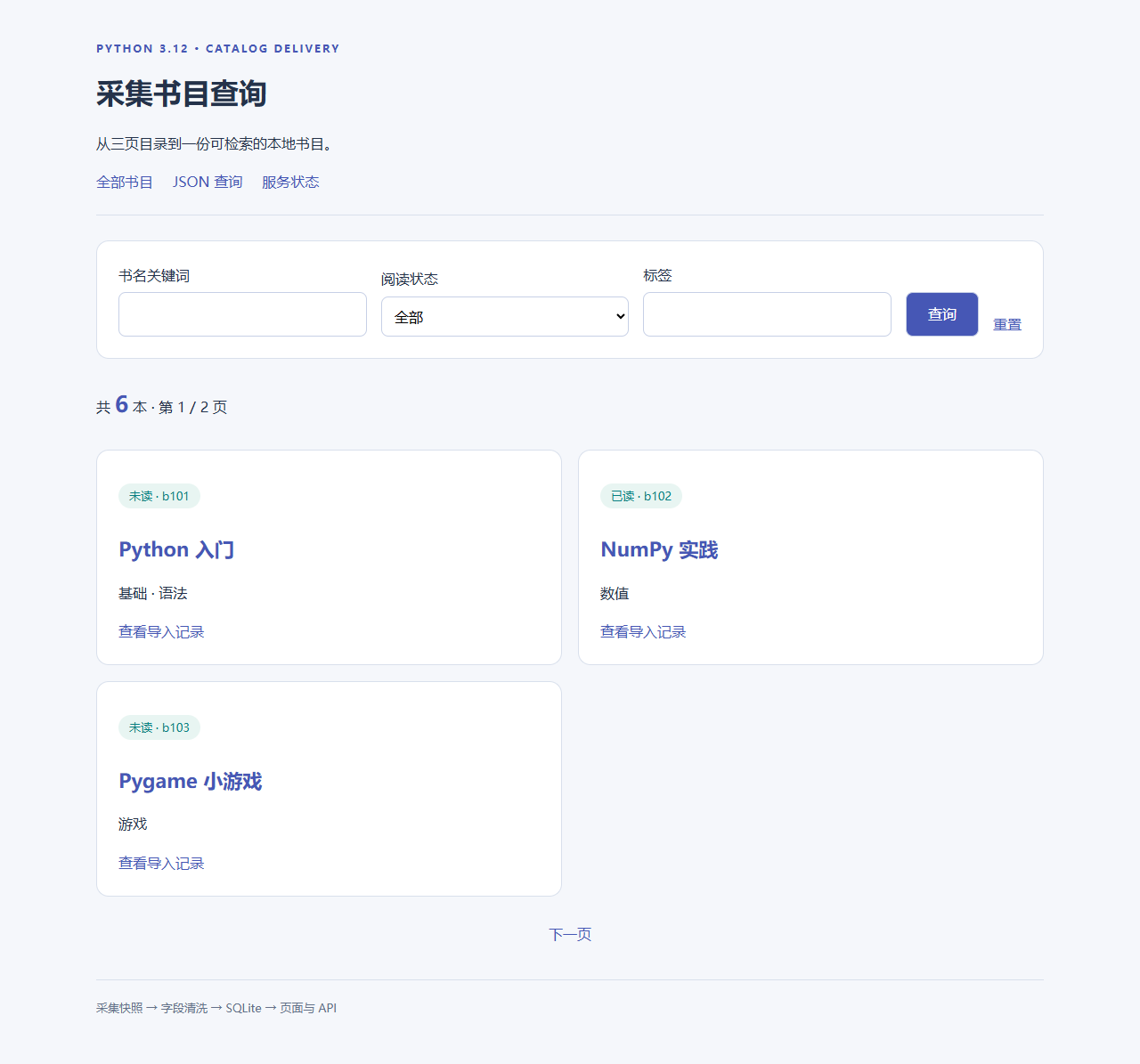 实际启动的查询首页，每页三本，页面直接显示 SQLite 中已经提交的书目